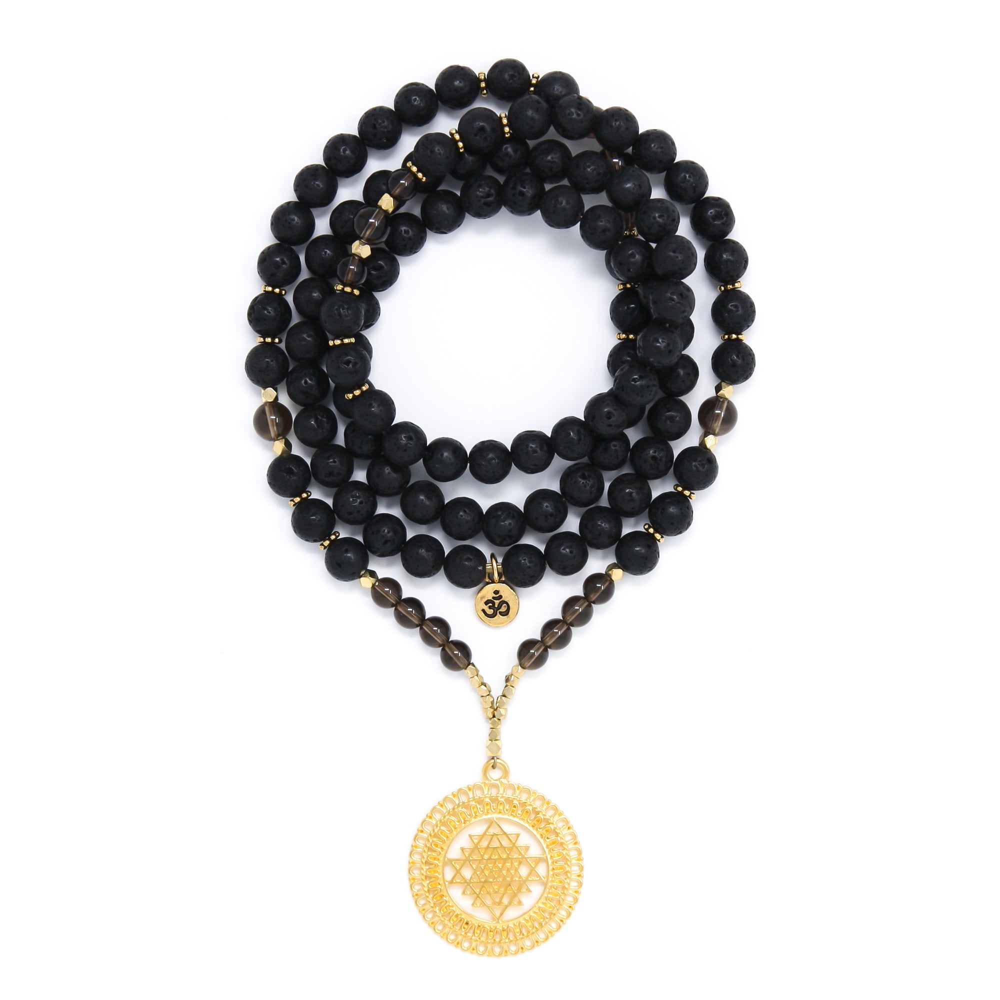 Black Lava and Smoky Quartz Mala Necklace with Gold Sri Yantra Pendant, black, brown and gold mala beads, yoga jewelry