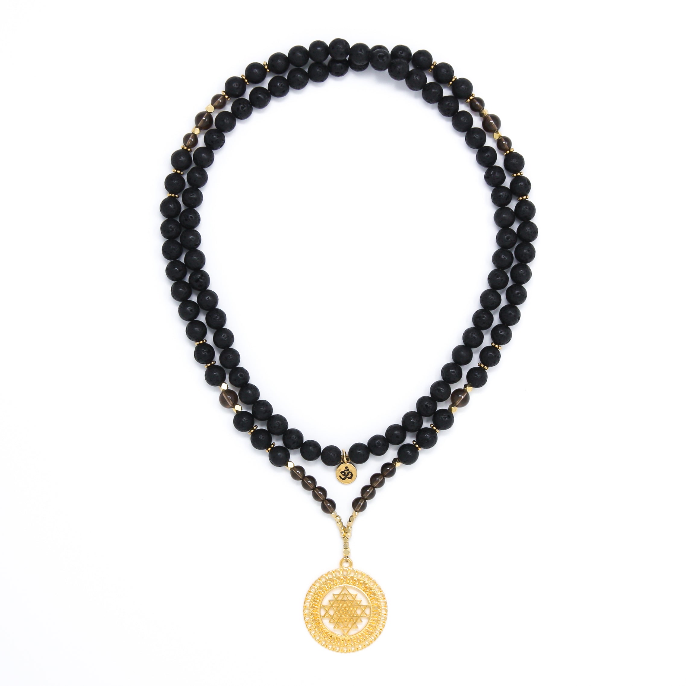 Black Lava and Smoky Quartz Mala Necklace with Gold Sri Yantra Pendant, black, brown and gold mala prayer beads, spiritual jewelry
