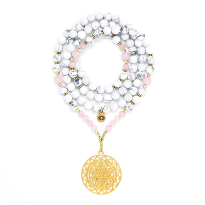 Howlite and Rose Quartz Mala Necklace with Gold Sri Yantra Pendant, white, pink and gold mala beads, yoga jewelry