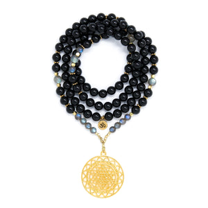 Black Tourmaline and Labradorite Mala Necklace with Gold Sri Yantra Pendant, black, gray and gold mala beads, yoga jewelry