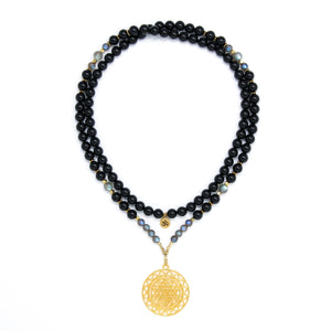 Black Tourmaline and Labradorite Mala Necklace with Gold Sri Yantra Pendant, black, gray and gold mala prayer beads, spiritual jewelry