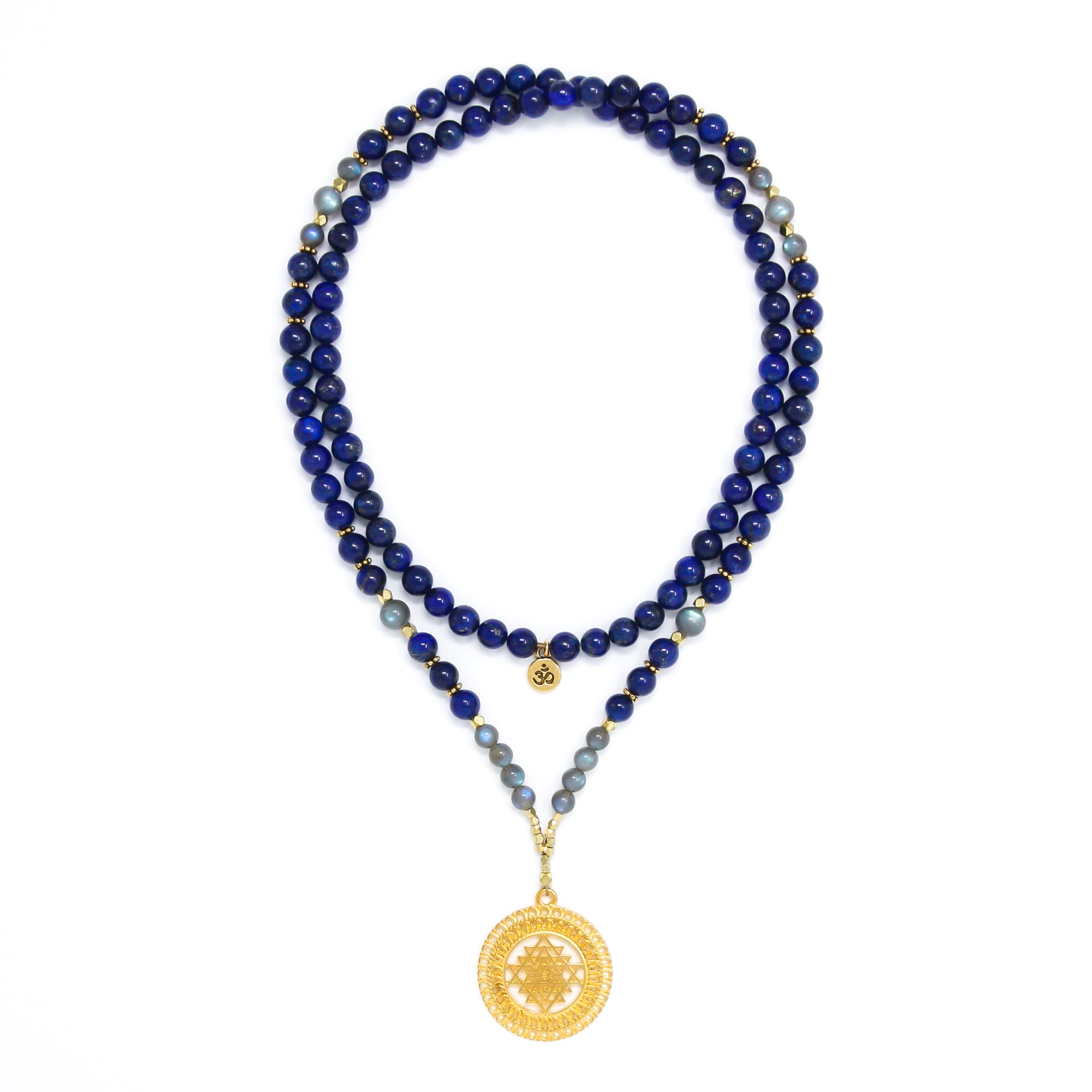 Lapis Lazuli and Labradorite Mala Necklace with Gold Sri Yantra Pendant, blue, gray and gold mala prayer beads, spiritual jewelry