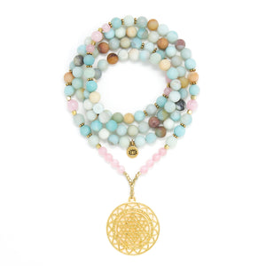 Matte Amazonite and Rose Quartz Mala Necklace with Gold Sri Yantra Pendant, aqua blue and pink mala beads, yoga jewelry