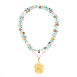 Matte Amazonite and Rose Quartz Mala Necklace with Gold Sri Yantra Pendant, aqua blue mint green and pink mala prayer beads, spiritual jewelry