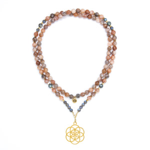 Sunstone and Labradorite Mala Necklace with Seed of Life Pendant, nude peach, gray and gold mala prayer beads, spiritual jewelry